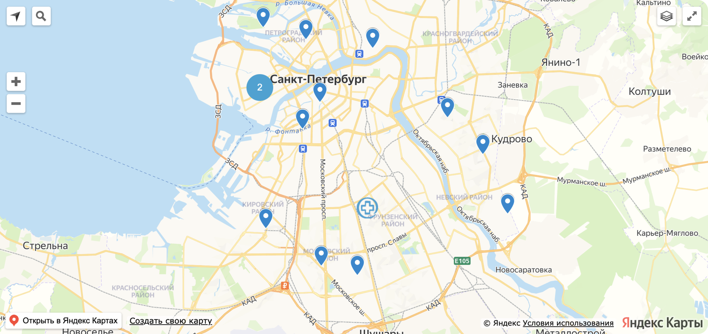 Карта расположения клиник в Санкт-Петербурге